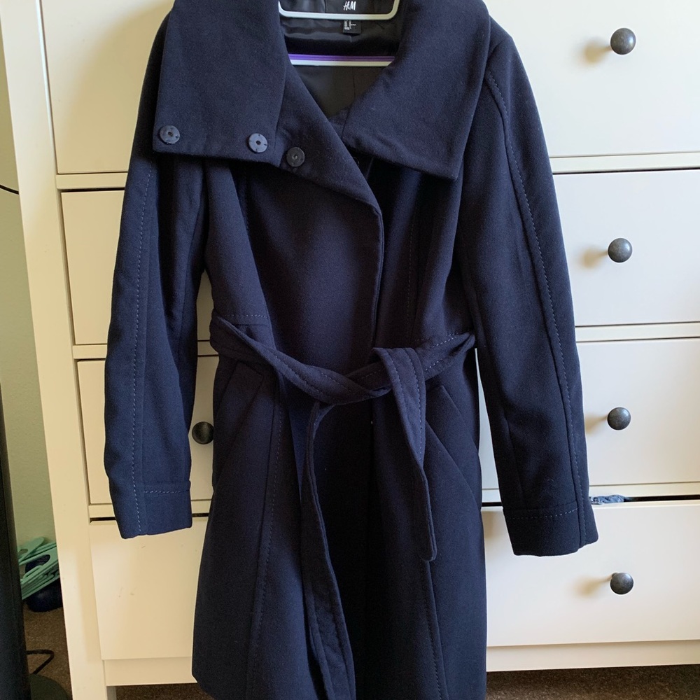 H&M funnel neck navy blue winter coat